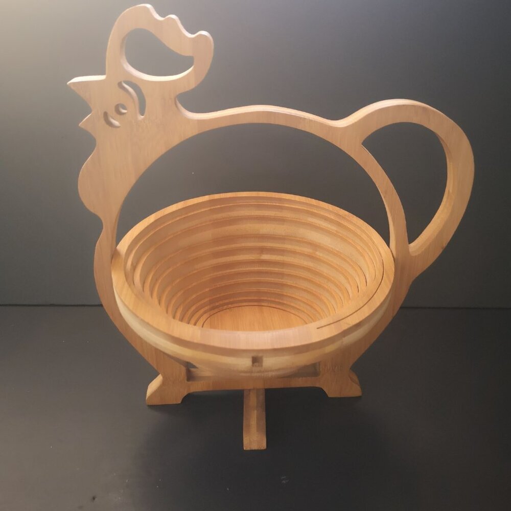 Artisan Made Carved Chicken Shape Bamboo Wooden Collapsible Multifunction Basket